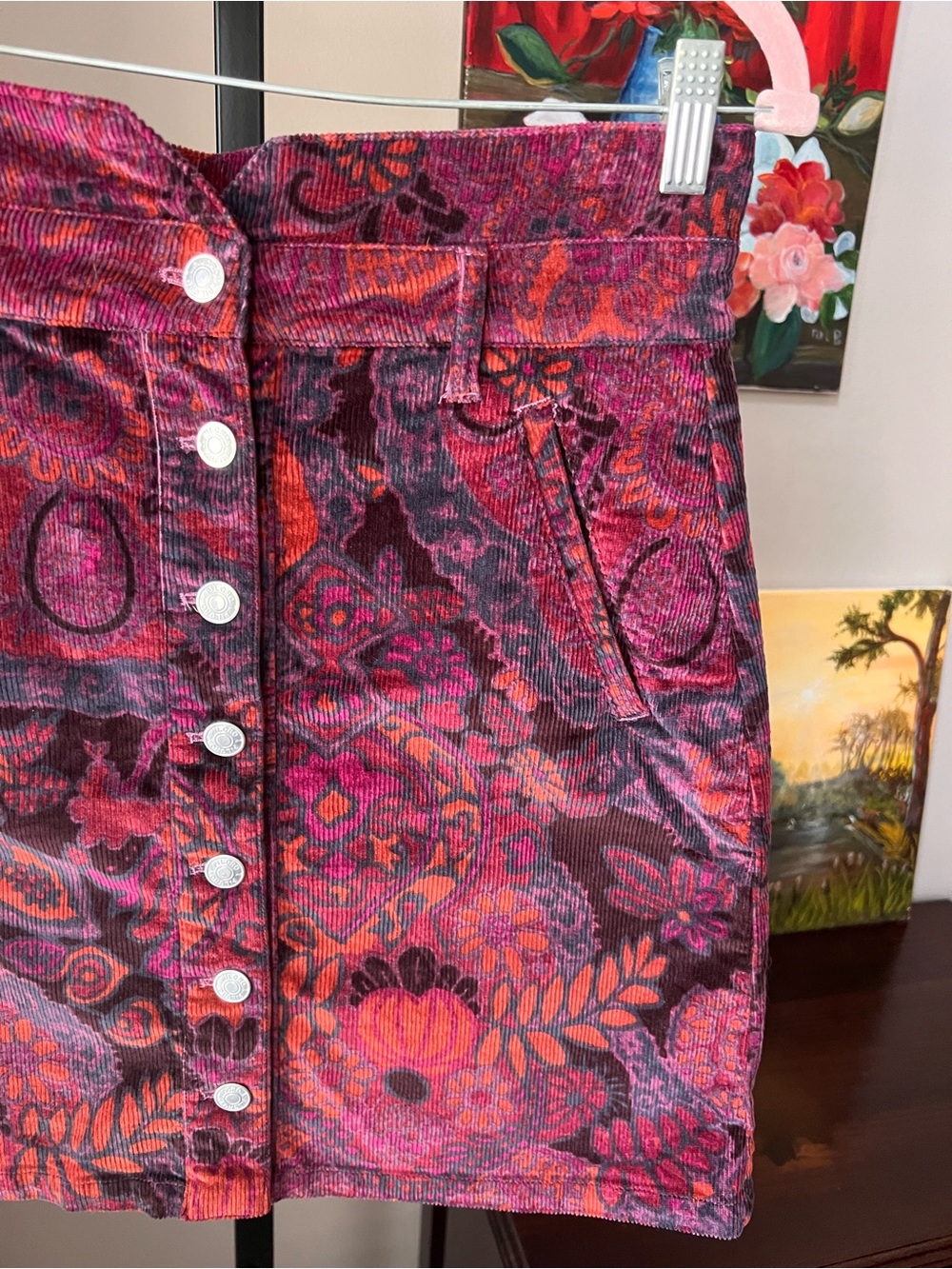 Anthropologie PILCRO Corduroy Button-Front A-Line Mini Skirt in Plum Floral - Picture 4 of 9